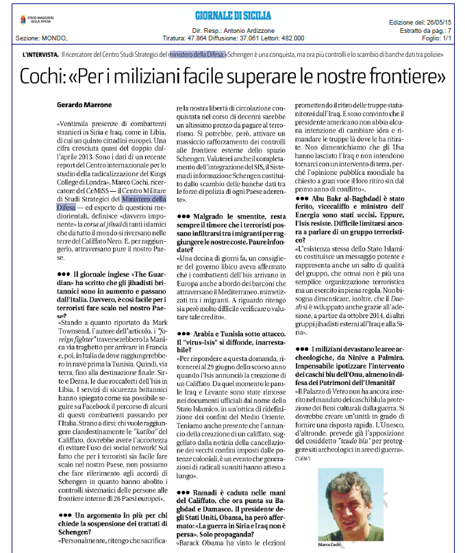 Cochi: “Per i miliziani facile superare le nostre frontiere” – @GDS_it 26.5.2015
