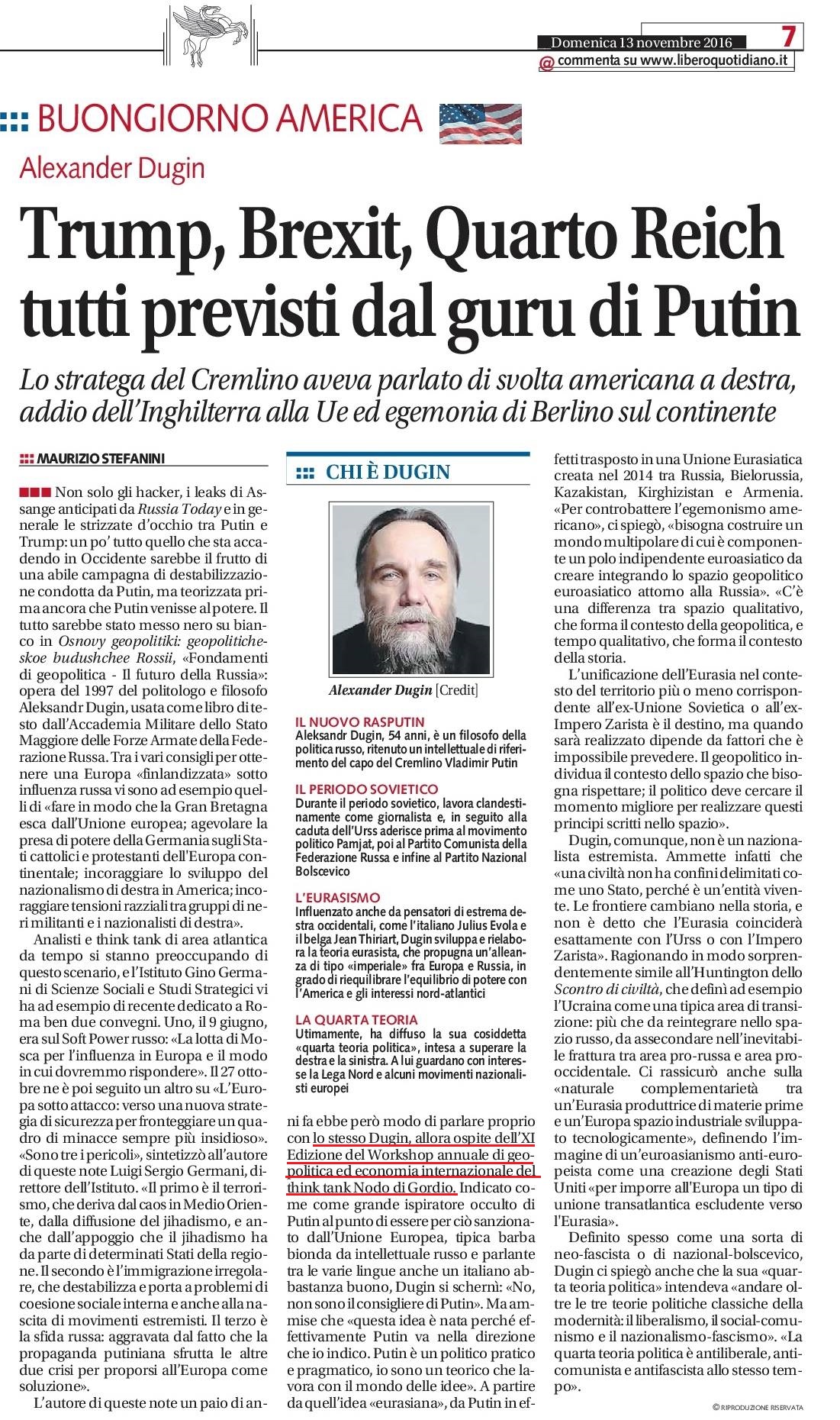Trump, Brexi, Quarto Reich tutti previsti dal guru di Putin