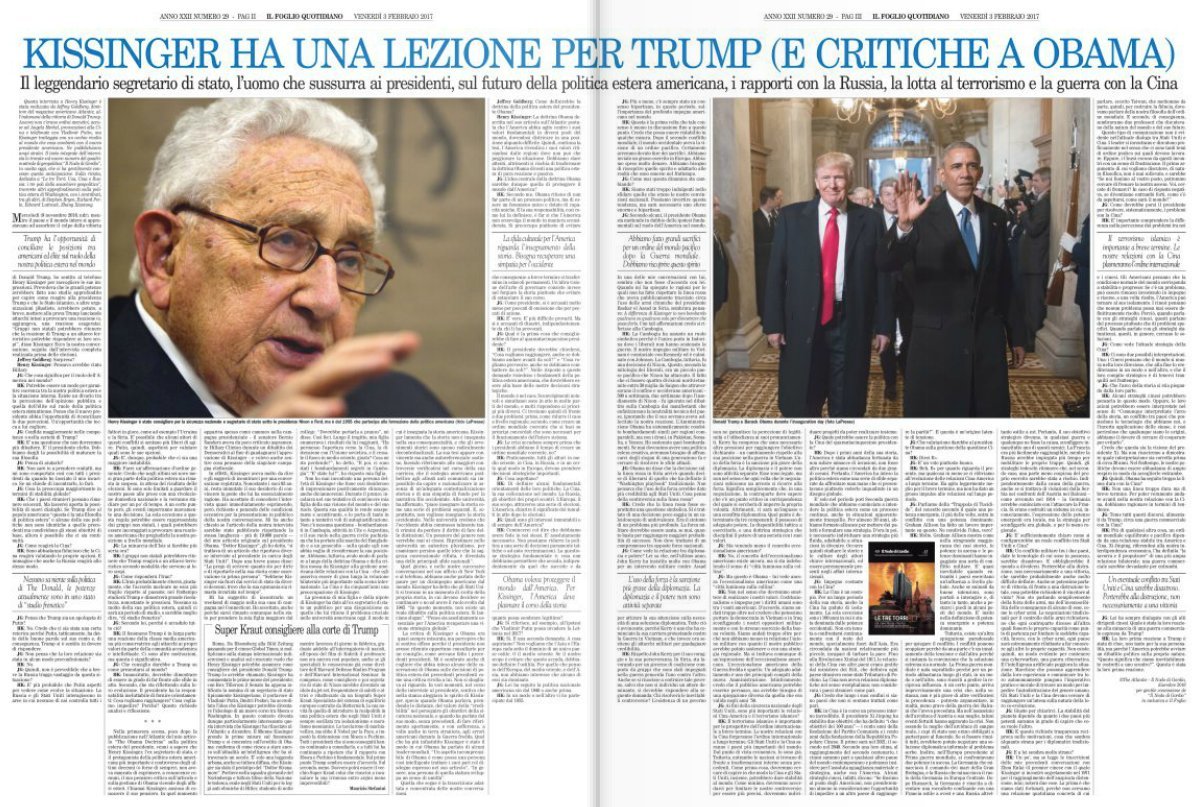 Kissinger ha una lezione per Trump (e critiche ad Obama) – Il Foglio 3.2.2017
