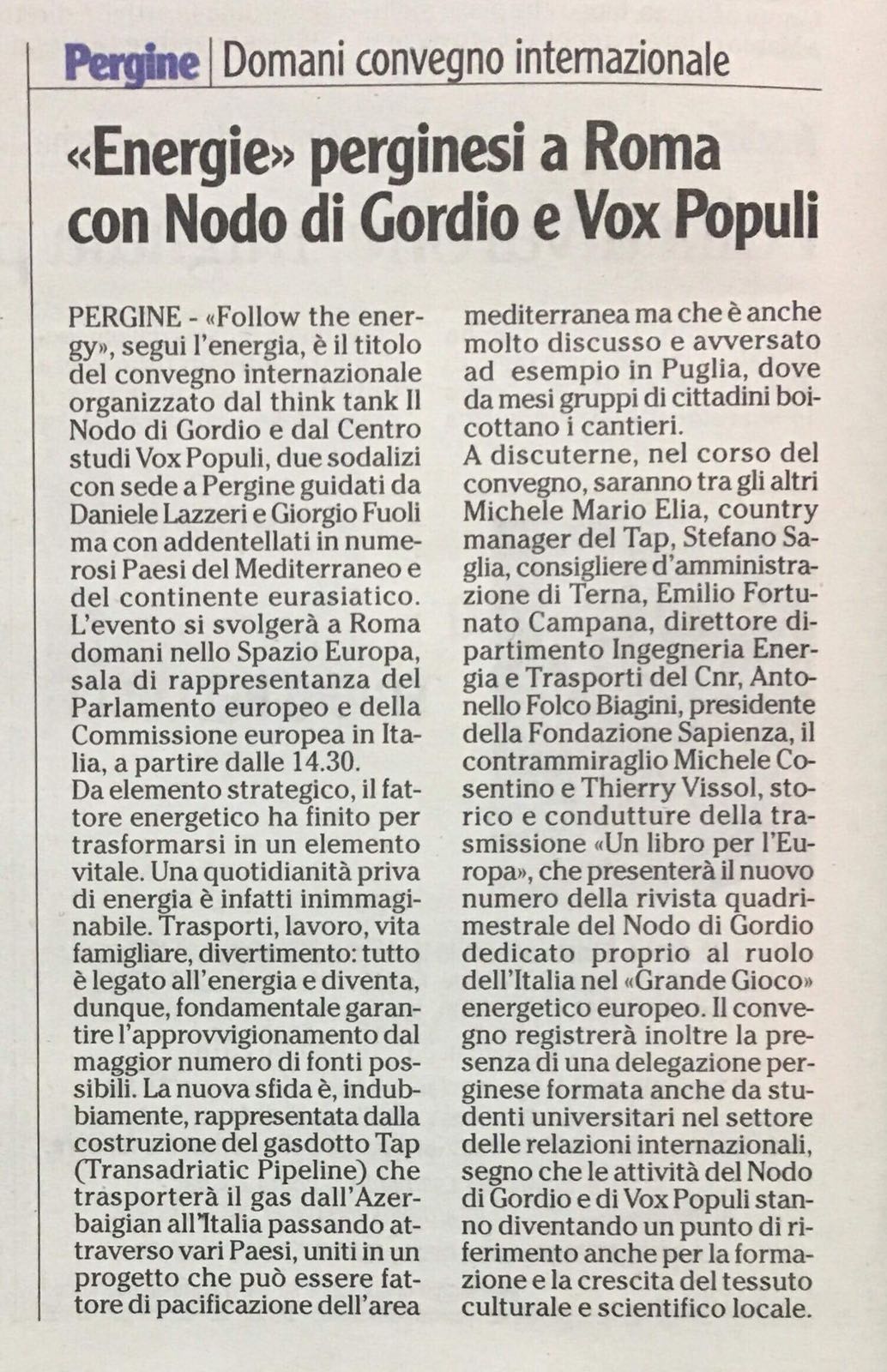 “Energie” perginesi a Roma con Nodo di Gordio e Vox Populi – Adige 19.02.2018