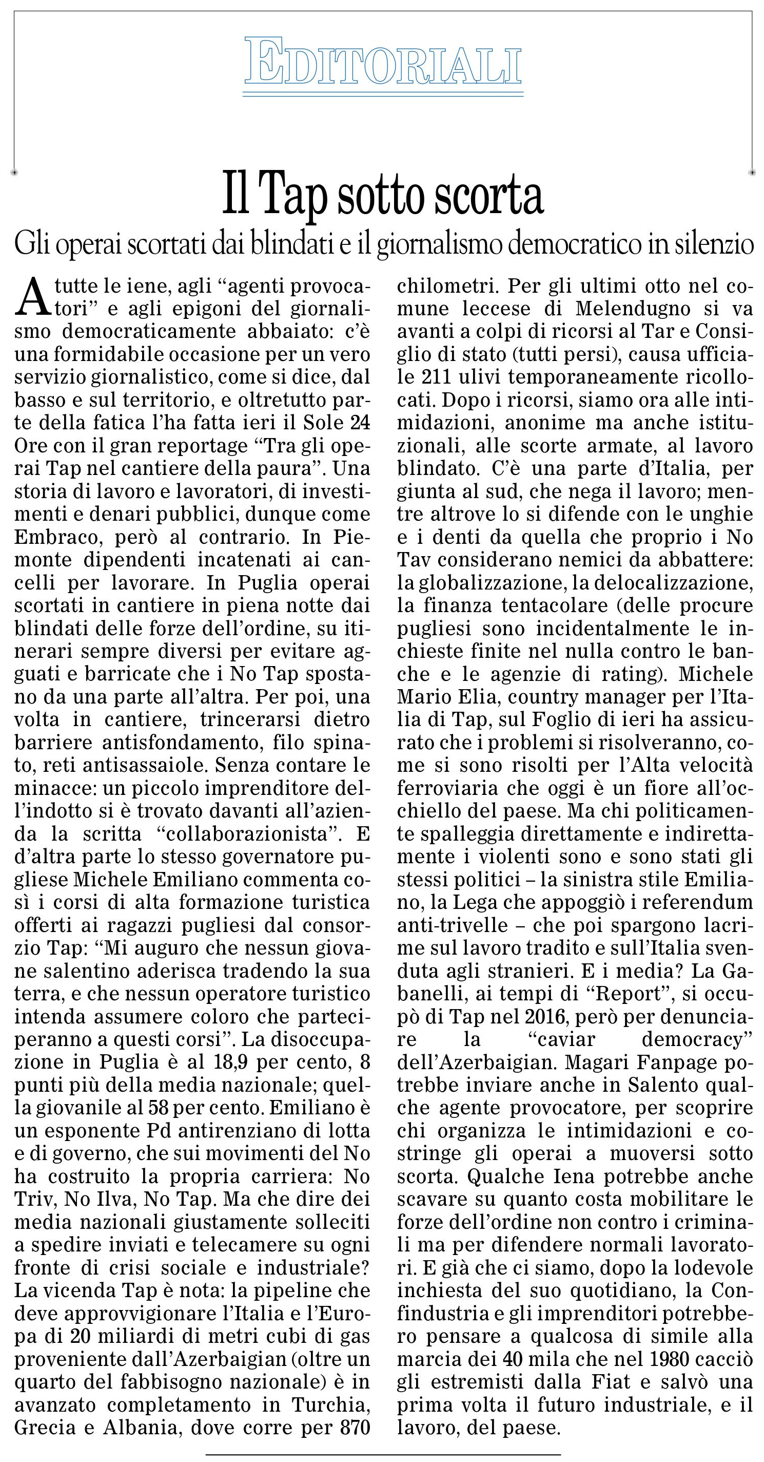 Il Tap sotto scorta – Il Foglio 23.02.2018