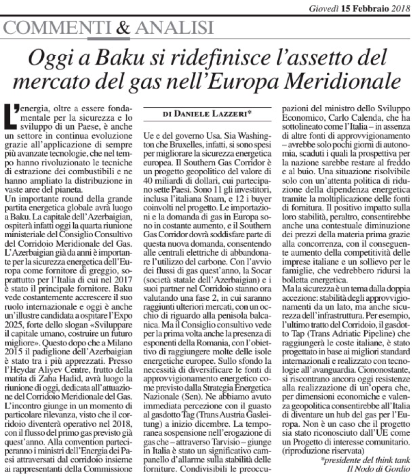 Oggi a Baku si ridefinisce l’assetto del mercato del gas nell’Europa Meridionale – Milano Finanza 15.02.2018