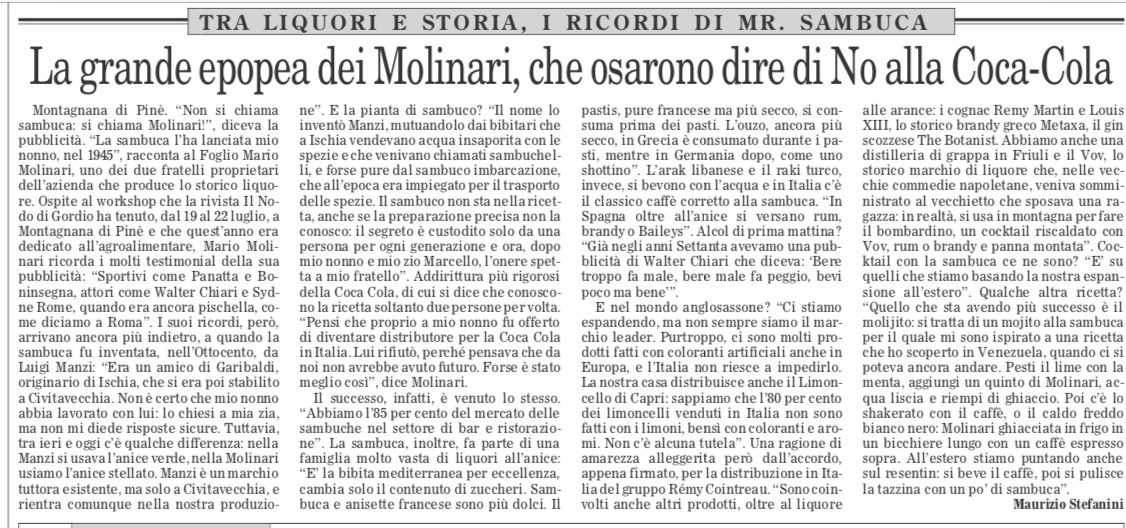 La grande epopea dei Molinari, che osarono dire di No alla Coca-Cola – Il Foglio 25.07.2018