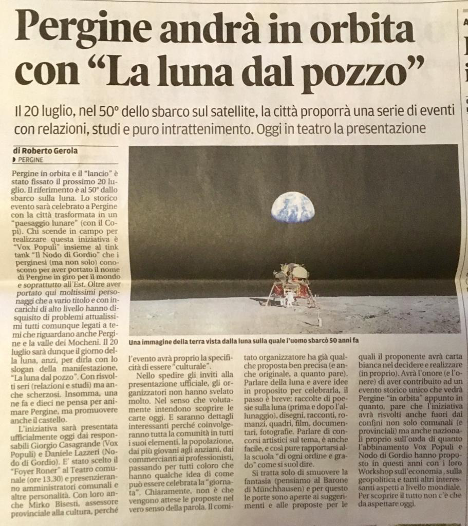 Pergine andrà in orbita con “La luna dal pozzo” – Il Trentino 06.02.2019
