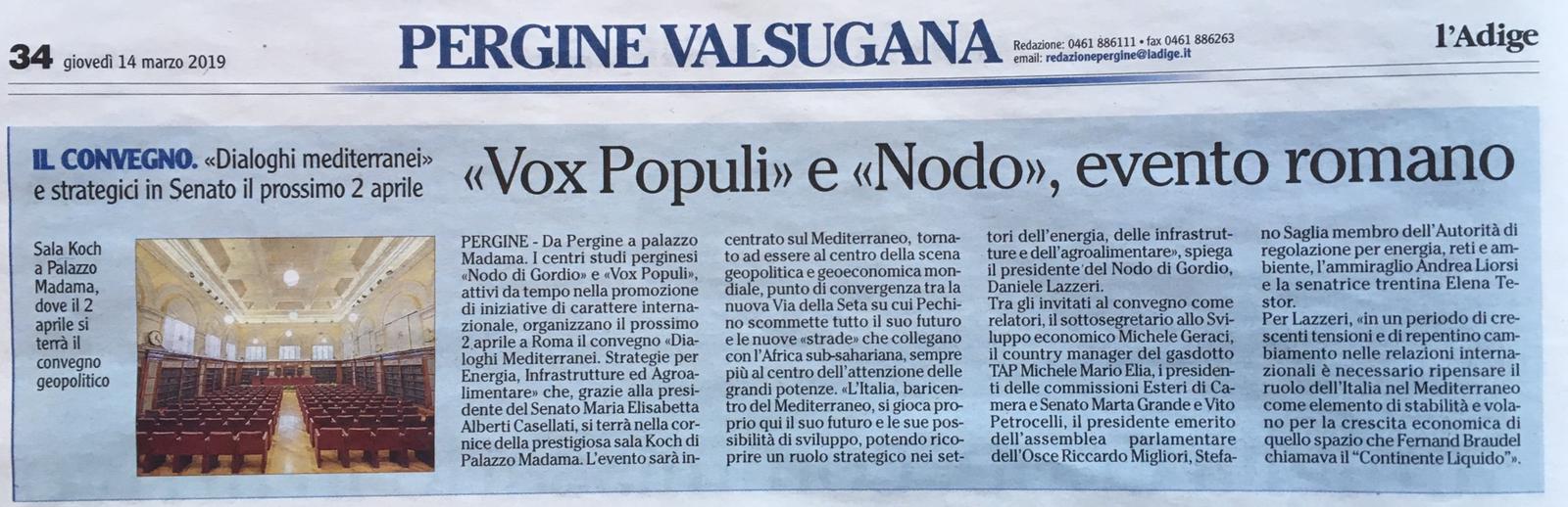 “Vox Populi” e “Nodo”, evento romano – L’Adige 14.02.2019