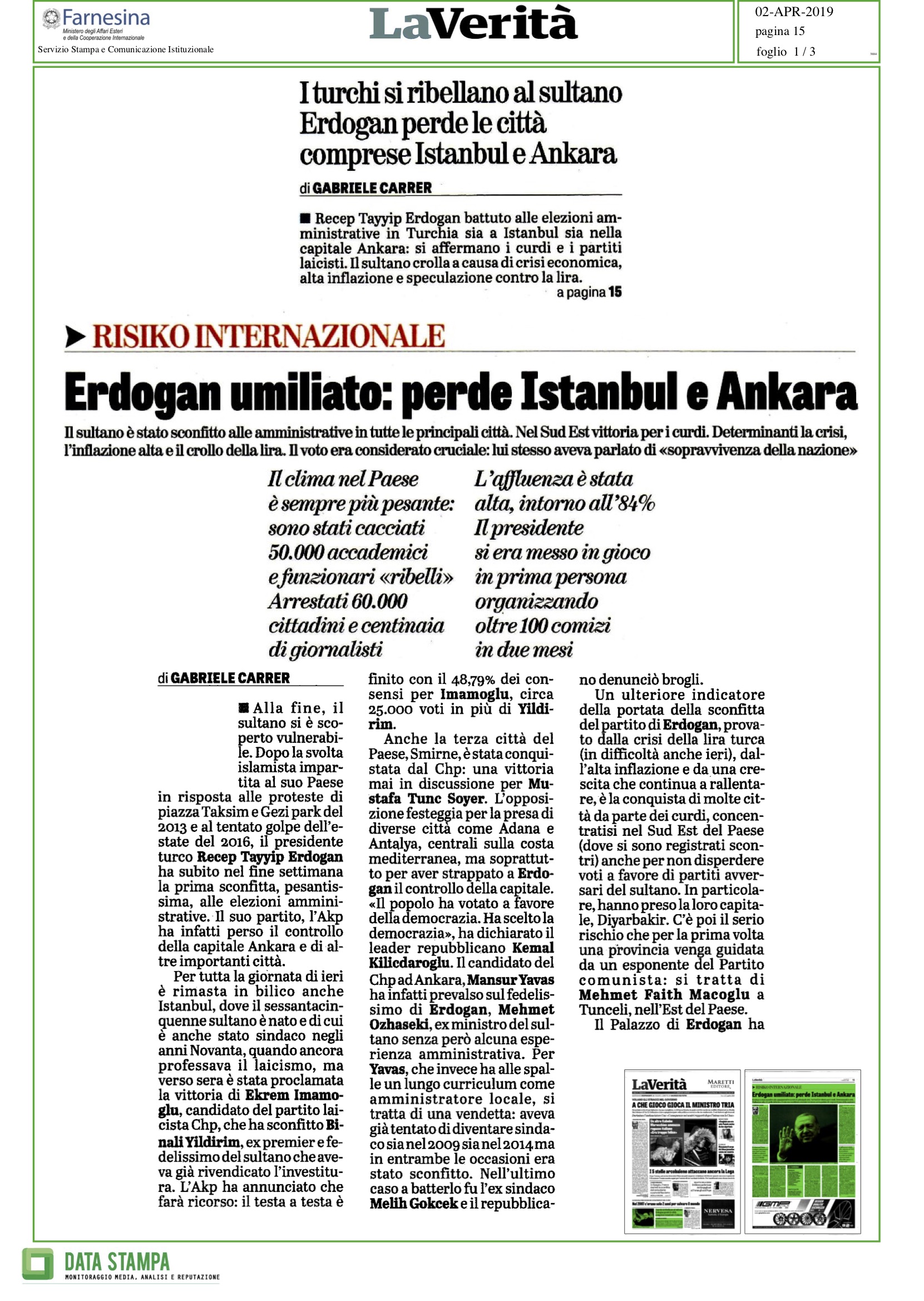 Erdogan umiliato: perde Istanbul e Ankara – LaVerità 02.04.2019