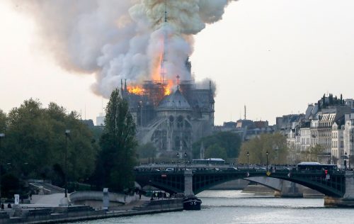 TOPSHOT - Smokes ascends as flames rise during a fire at the landmark Notre-Dame Cathedral in central Paris on April 15, 2019 afternoon, potentially involving renovation works being carried out at the site, the fire service said. (Photo by FRANCOIS GUILLOT / AFP)        (Photo credit should read FRANCOIS GUILLOT/AFP/Getty Images)