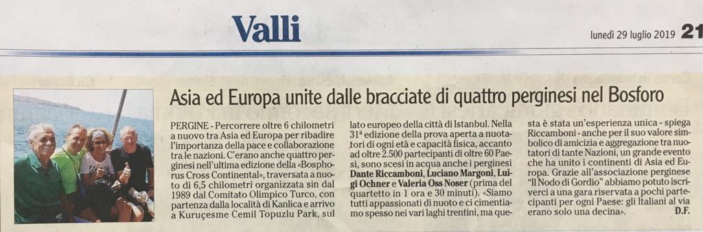 Asia ed Europa unite dalle bracciate di quattro perginesi nel Bosforo – L’Adige 29.07.2019