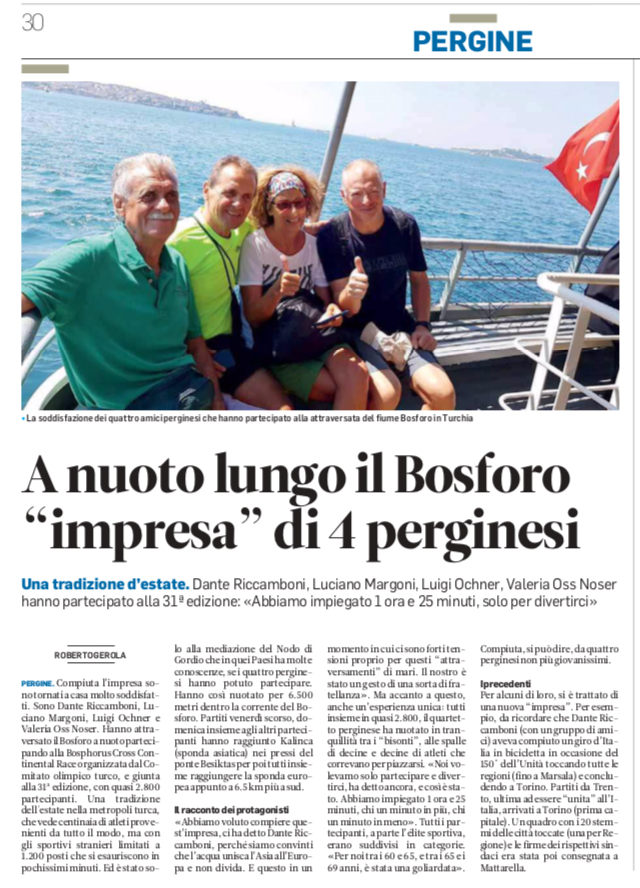 A nuoto lungo il Bosforo “impresa” di 4 perginesi – Il Trentino 28.07.2019