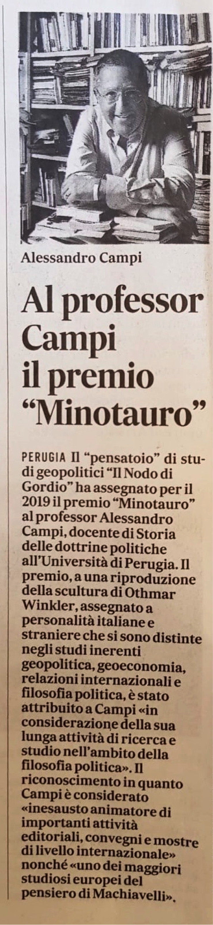 Al professor Campi il premio “Minotauro” – Il Messaggero 05.01.2010