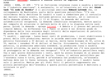 Petrolio: Luttwak, Sauditi e Russia contro le imprese USA – ANSA 23.04.2020
